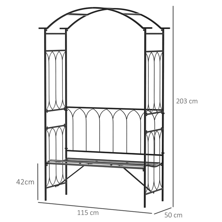 Garden Metal Frame Bench W/Arch for Various Climbing Plant, 115Lx50Wx203H cm-Black
