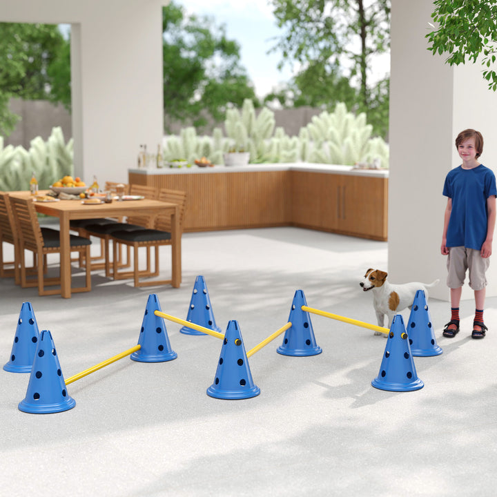Dog Agility Equipment Set of Eight Cones, Eight Poles w/ Carry Bag, Four-Piece Adjustable Height Jumping Obstacles Blue