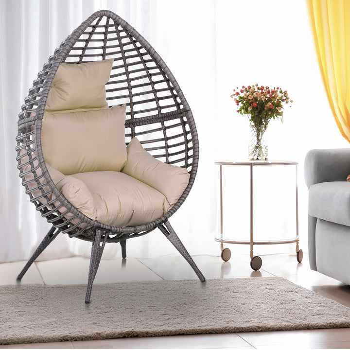 Garden Egg Chair, Teardrop Outdoor PE Rattan Chair with Full-body Soft Padded Cushion, Grey