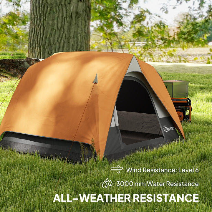 3-4 Person Camping Tent, Easy Set Up Waterproof Dome Tent with Sewn-in Groundsheet, Mesh Windows, Pocket and Hook for Camping, Hiking, Backpacking, Orange and Grey