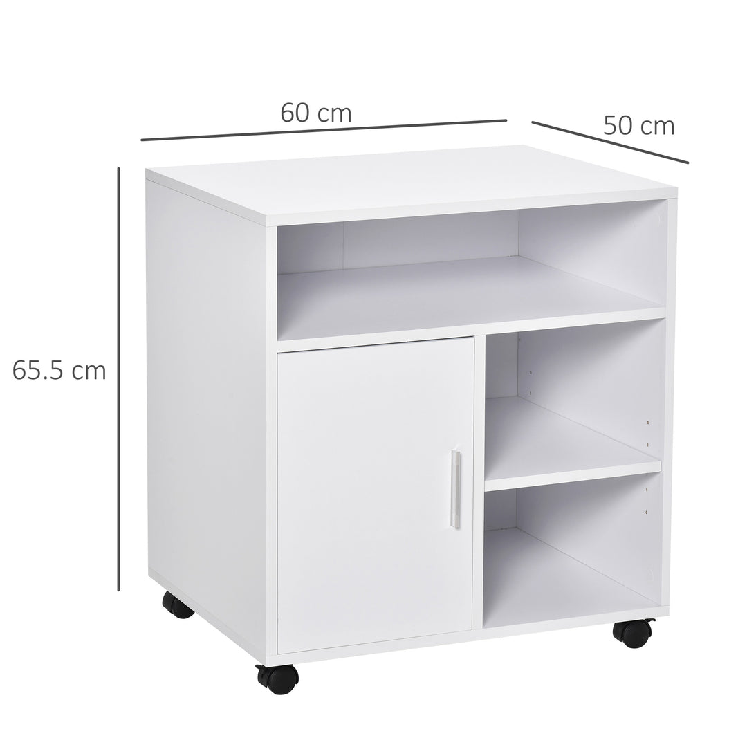 HOMCOM Mobile Printer Stand with Multiple Storage, Office Desk Side Unit on Wheels, Modern Design, 60L x 50W x 65.5H cm, White | Aosom UK