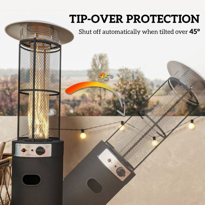 11 KW Freestanding Gas Patio Heater, Adjustable Outdoor Garden Propane Heater with Tip-Over Switch, Wheels, Pulse Ignition, Tank Room with Openable Door, Black