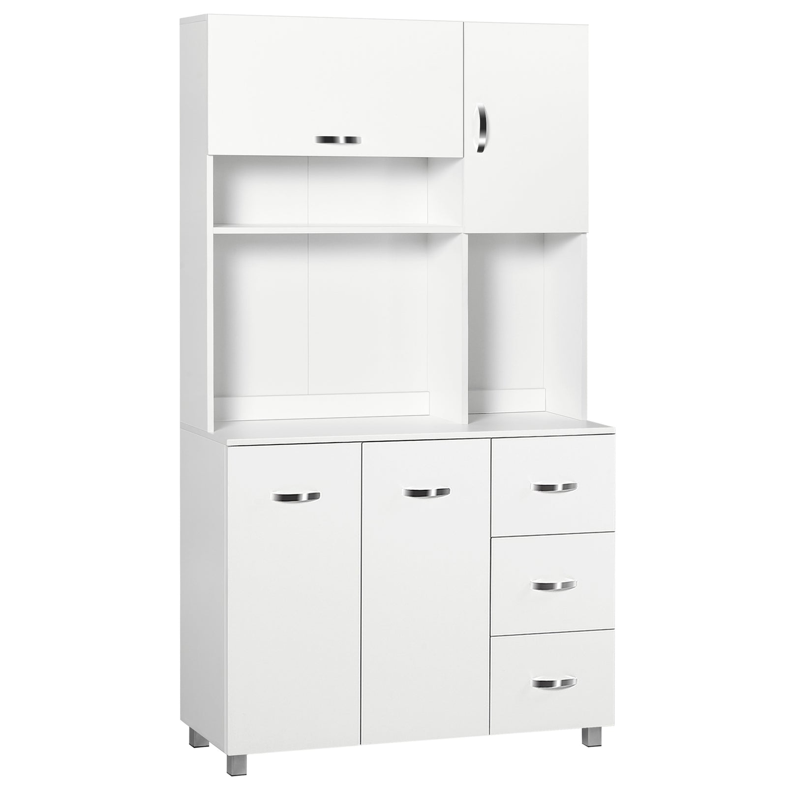 Kitchen Cupboard, 183cm Tall Storage Cabinet with Countertop, Sideboard with 3 Small Drawers, Flip Up Top Door, 3 Cabinet Doors and Open Shelves, 100W x 39.5D x 183.5H cm, White