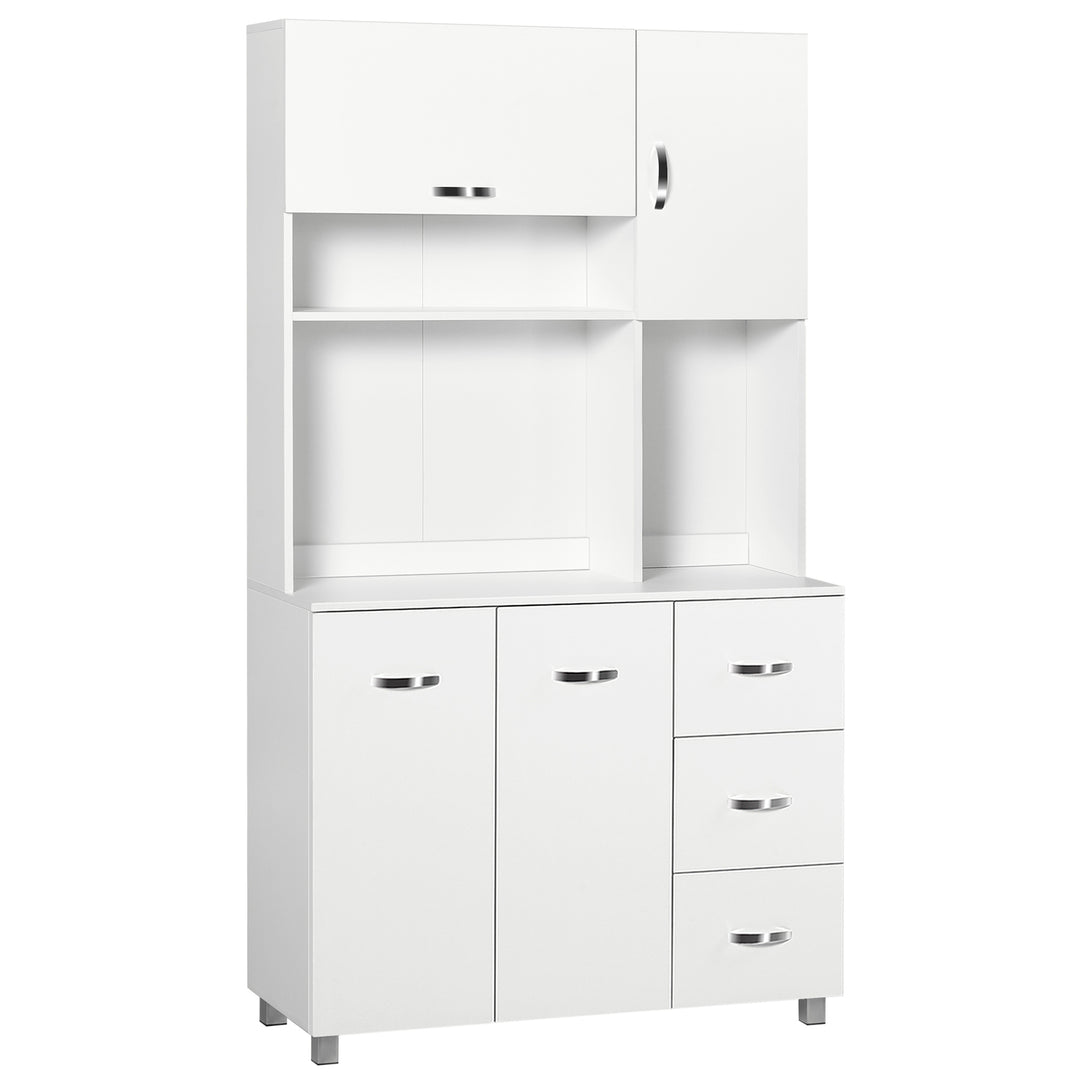 MCL Kitchen Cupboard, 183cm Tall Storage Cabinet with Countertop, Sideboard with 3 Small Drawers, Flip Up Top Door, 3 Cabinet Doors and Open Shelves, 100W x 39.5D x 183.5H cm, White