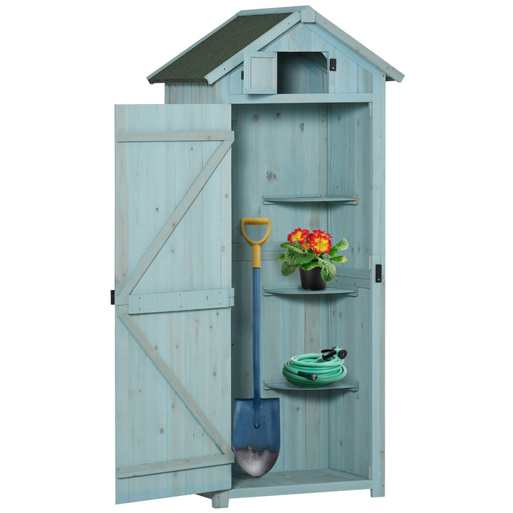 Outsunny Garden Shed Vertical Utility 3 Shelves Shed Wood Outdoor Garden Tool Storage Unit Storage Cabinet, 77 x 54.2 x 179cm - Blue | Aosom UK