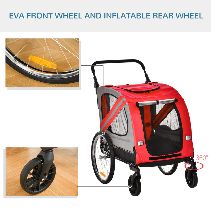 2-In-1 Dog Bike Trailer Pet Stroller with Universal Wheel Reflector Flag Red