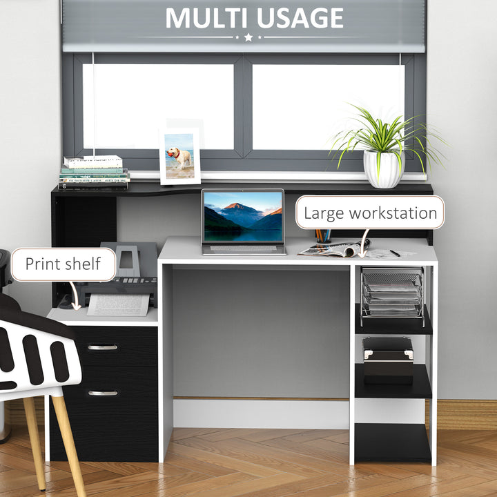 MCL Computer Desk with Drawers and Storage Shelves, Office Desk Writing Table with Printer Stand, Large Workstation for Study Play Work Home Office, 137 x 55 x 92cm, Black and White
