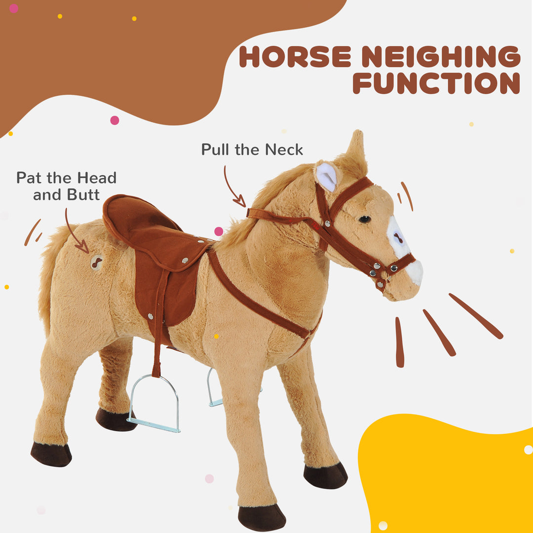 Kids Ride On Standing Horse Cuddly Toy Children Plush Soft Pony Gift w/ Neigh Sound or 2 Years and Up Beige