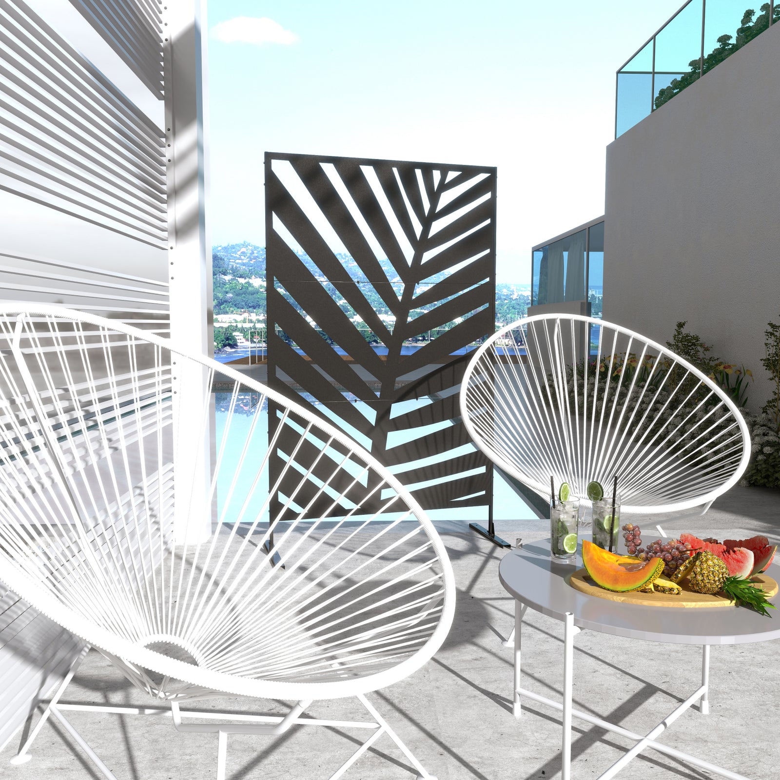 Decorative Privacy Screen with Stand, 6.5FT Freestanding Metal Outdoor Divider, Decorative Privacy Panel with Expansion Screws for Garden Patio Pool Hot Tub, Banana Leaf Style, Black