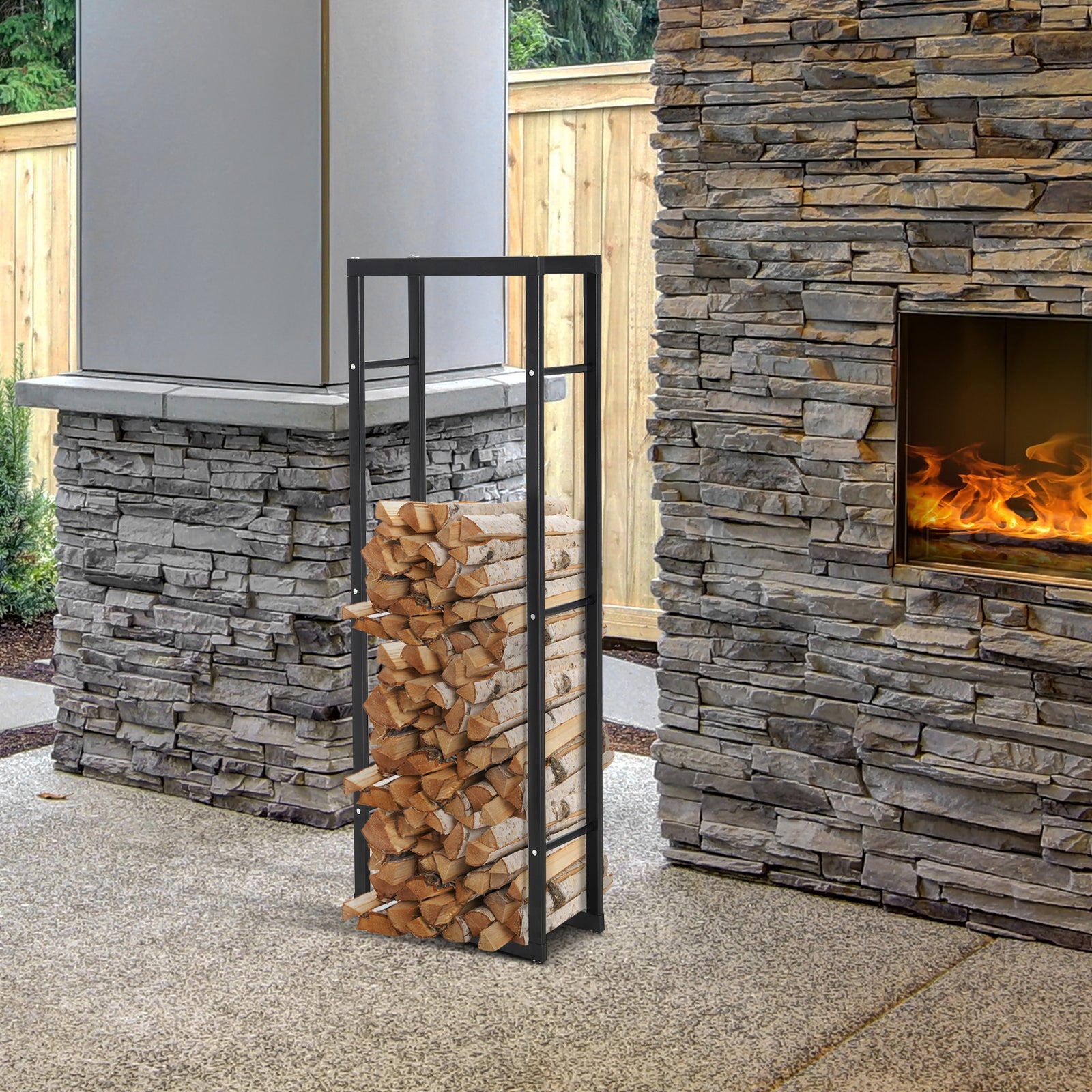 Metal Firewood Log Holder Tall Firewood Rack Indoor Outdoor Fireplace Wood Storage Shelf with Side Rails, Rust-Resistant, Black, 40W x 25D x 150H cm