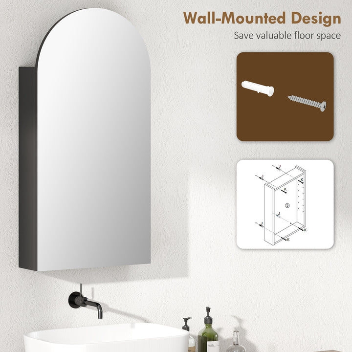 HOMCOM Arched Bathroom Mirror Cabinet with Adjustable Glass Shelves - Black