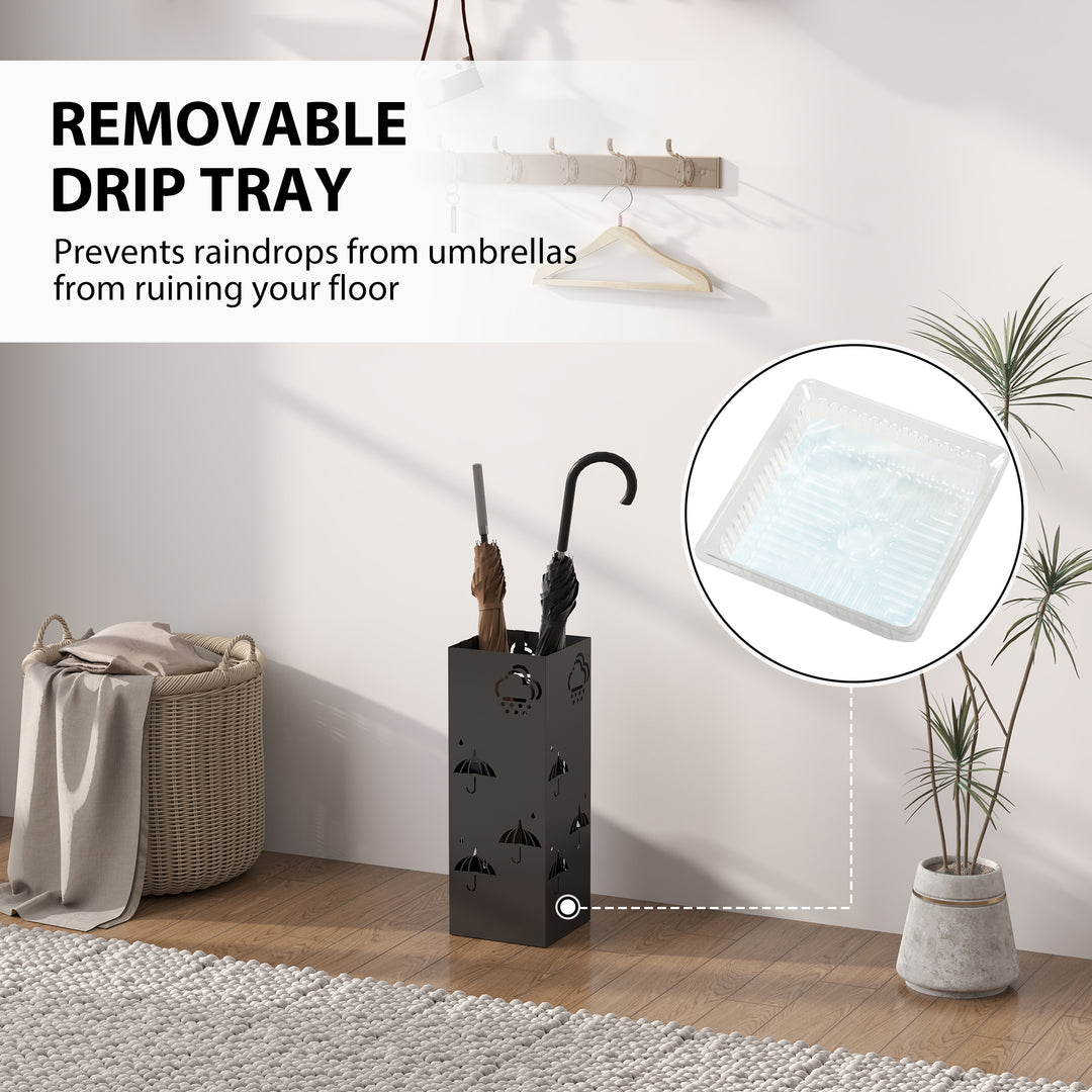Metal Umbrella Stand, Square Umbrella Holder with Removable Drip Tray and 4 Hooks, Decorative Umbrella Storage Rack for Hallway, Entryway, 15.5 x 15.5 x 41 cm, Black