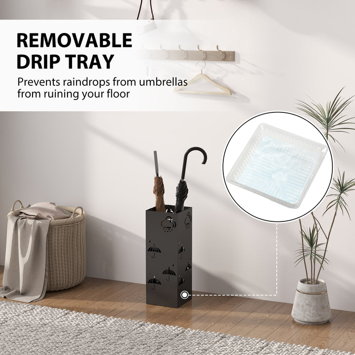 Metal Umbrella Stand, Square Umbrella Holder with Removable Drip Tray and 4 Hooks, Decorative Umbrella Storage Rack for Hallway, Entryway, 15.5 x 15.5 x 41 cm, Black
