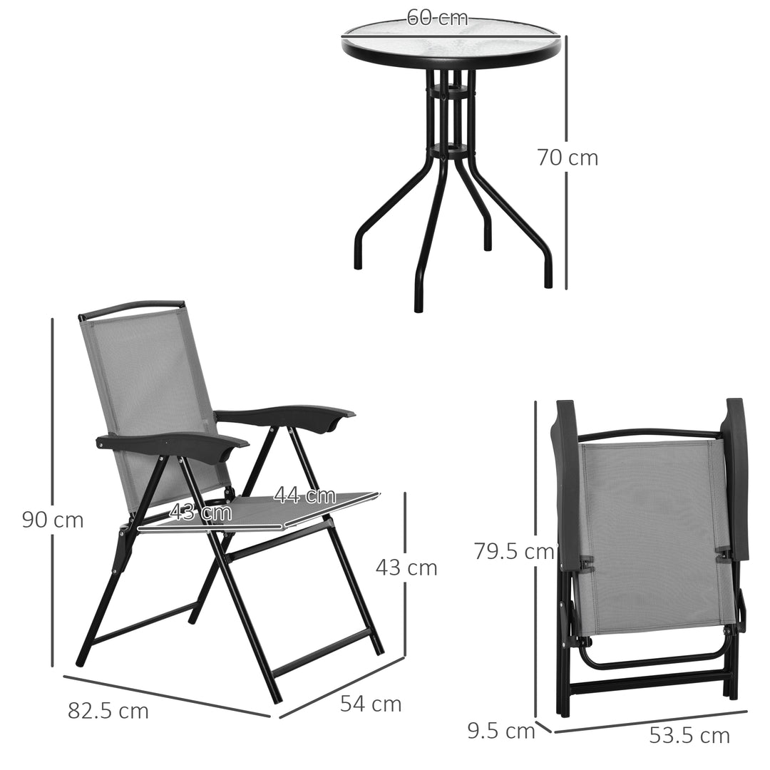 3 Piece Outdoor Bistro Set, Patio Conversation Furniture Set with 2 Folding Backrest Adjustable Armchairs and Glass Top Coffee Table, Grey