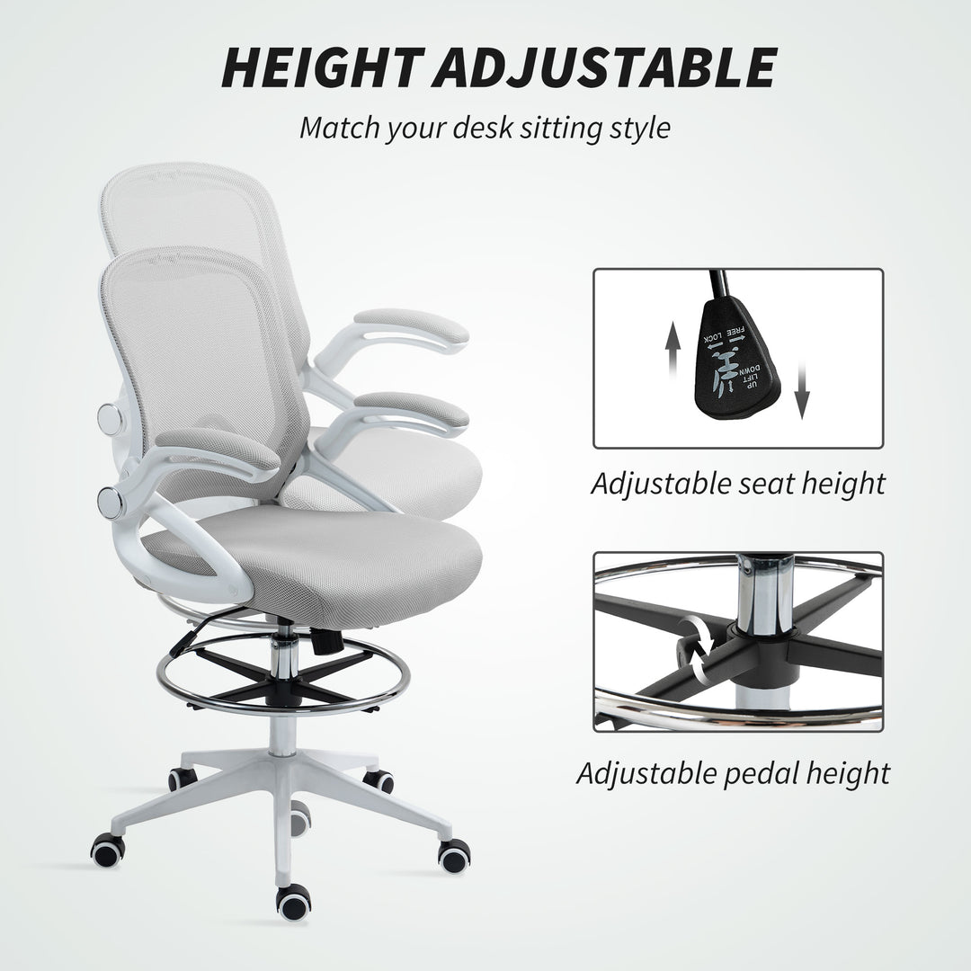 Drafting Chair with Flip-up Armrest, Mesh Office Stool with Foot Ring, 360 Degree Swivel Height Adjustable Chair for Standing Desk, Light Grey