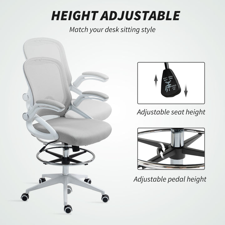 Drafting Chair with Flip-up Armrest, Mesh Office Stool with Foot Ring, 360 Degree Swivel Height Adjustable Chair for Standing Desk, Light Grey