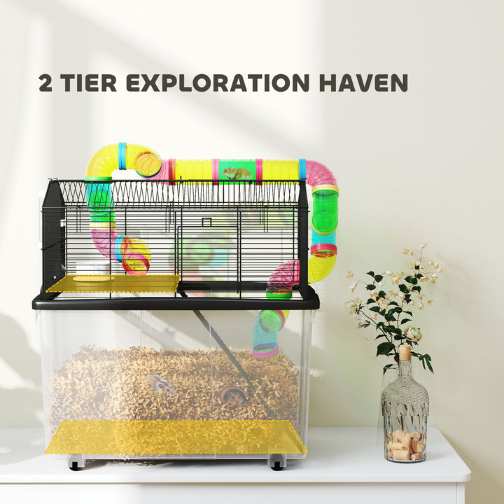 Two-Tier Hamster Cage with 31cm Deep Tray, Tube System, Water Bottle, Ramp, Feeding Bowl, Multicoloured