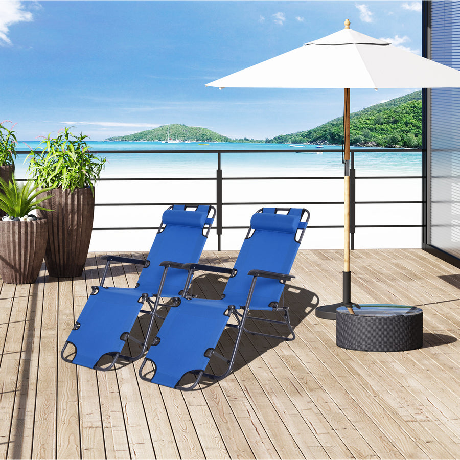 2 in 1 Folding Sun Lounger Reclining Garden Chair Set of 2 with 2-Level Adjustable Backrest, Outdoor Zero Gravity Recliner Garden Chairs with Head Pillow and Armrests, Blue