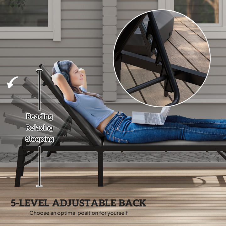 Folding Sun Lounger, 5-Position Adjustable Reclining Garden Lounger, Garden Chaise Lounge Sunbed Recliner Chair with Steel Frame for Beach, Porch, Patio, Camping, Light Grey
