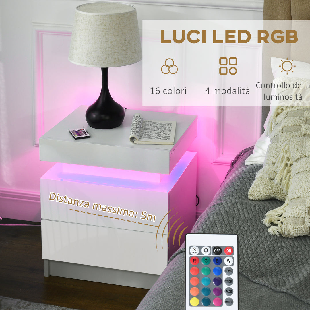 HOMCOM White Bedside Table with LED Light, High Gloss Front Nightstand with 2 Drawers, for Living Room, Bedroom