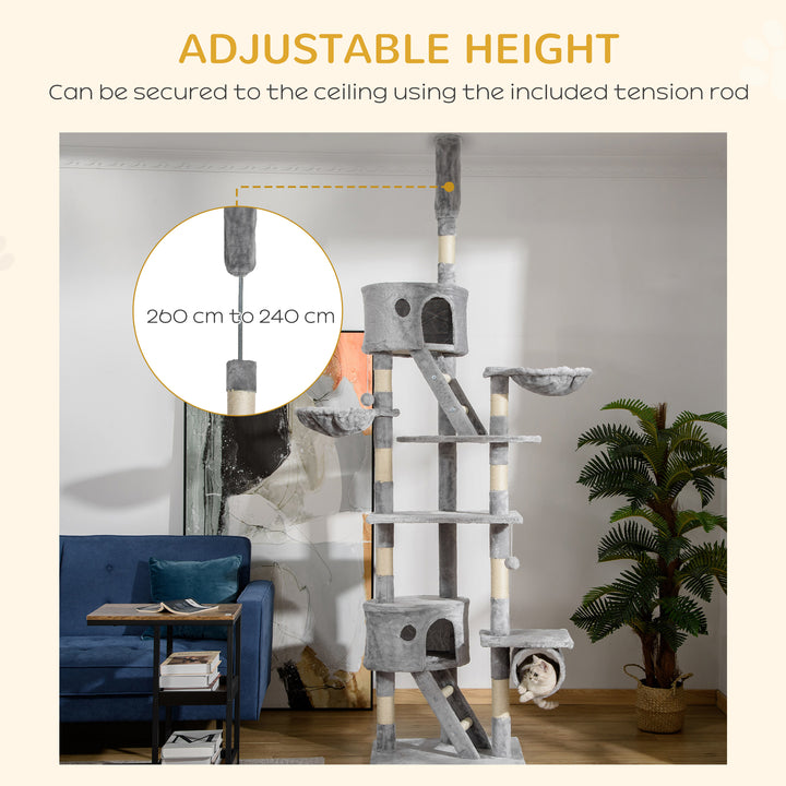 PawHut Floor to Ceiling Cat Tree for Indoor Cats 240-260cm Adjustable Height Light Grey | Aosom UK