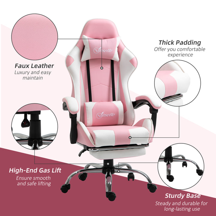 Ergonomic Gaming Chair, PU Leather Reclining Computer Chair with Footrest and Lumbar Support, Headrest and Adjustable Height for Adults, Pink