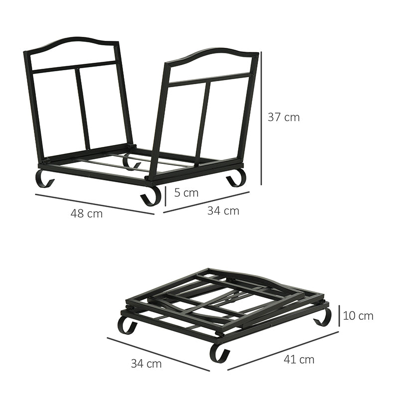 MCL Metal Firewood Log Holder Indoor Outdoor Folding Firewood Rack Fireplace Wood Storage Shelf w/ Scrolls, Rust-Resistant, Black, 48L x 34W x 37Hcm