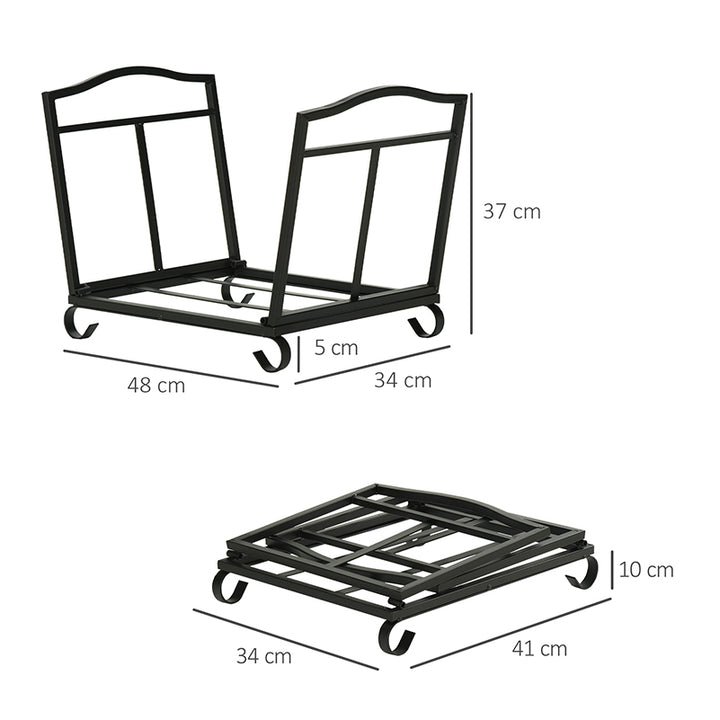 MCL Metal Firewood Log Holder Indoor Outdoor Folding Firewood Rack Fireplace Wood Storage Shelf w/ Scrolls, Rust-Resistant, Black, 48L x 34W x 37Hcm