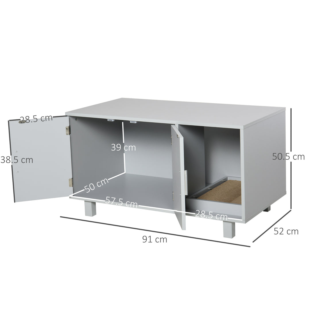 Wooden Cat Litter Box Enclosure & House with Nightstand/End Table Design, Scratcher, & Magnetic Doors, Grey