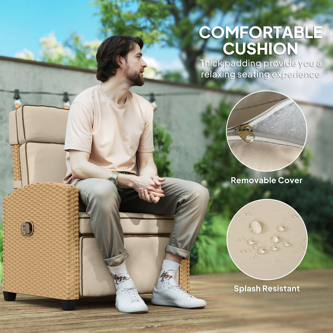 145° Reclining Rattan Armchair, with Footrest - Khaki/Beige