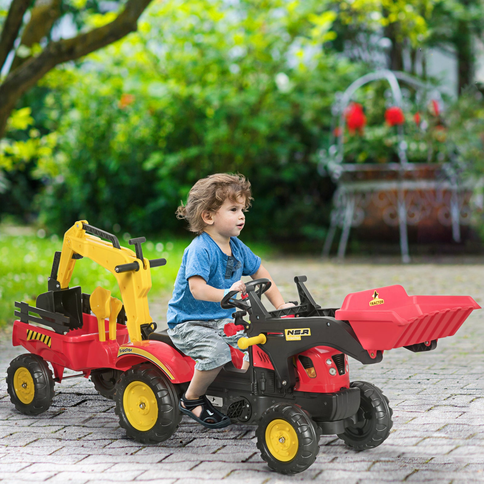 Kids Children Pedal Go Kart Ride On Toy Car Excavator Tractor w/ Moving Bucket Steering Wheel Removable Digger For 3 - 6 Years