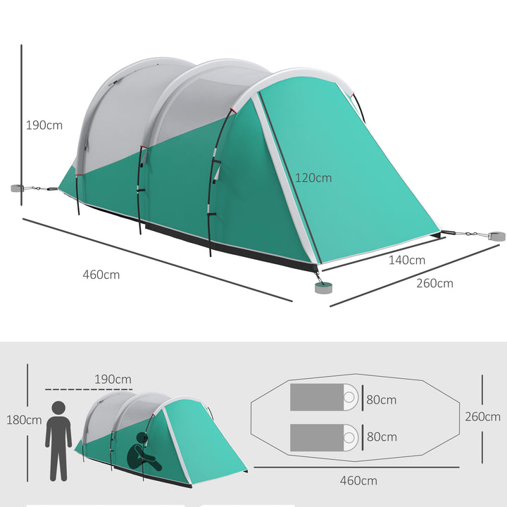 Three-Man, 3000mm Water-Resistant Two-Room Tunnel Tent - Green