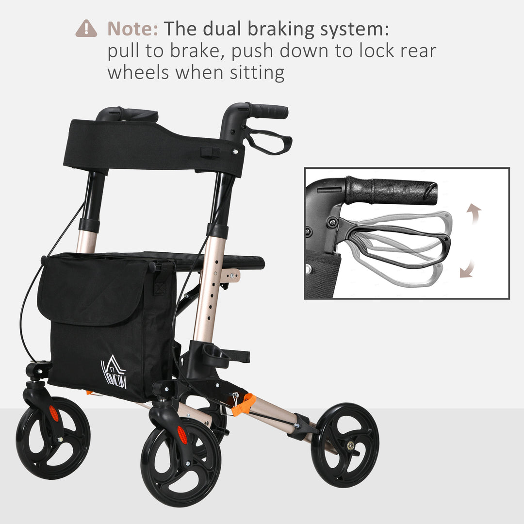 4 Wheel Rollator with Seat and Back, Folding Mobility Walker with Carry Bag, Adjustable Height, Dual Brakes, Cane Holder, Lightweight Aluminium Walking Frame for Seniors and Disabled, Gold Tone