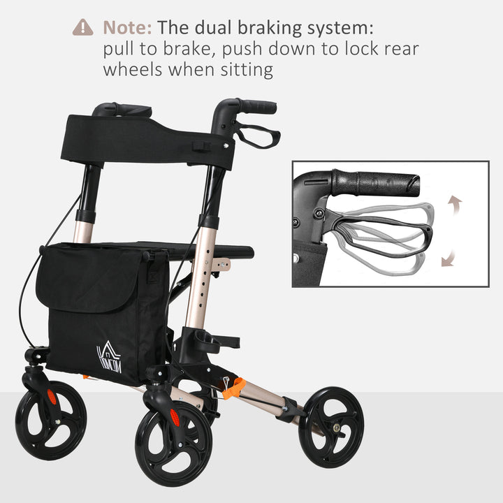 4 Wheel Rollator with Seat and Back, Folding Mobility Walker with Carry Bag, Adjustable Height, Dual Brakes, Cane Holder, Lightweight Aluminium Walking Frame for Seniors and Disabled, Gold Tone