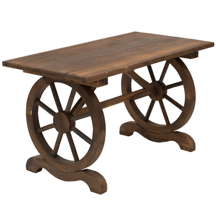 Wooden Garden Dining Table, Wagon Wheel Outdoor Coffee Table with 3 cm Wood Top for Patio, Balcony, Terrace, 110 x 60 x 65 cm, Carbonised Finish