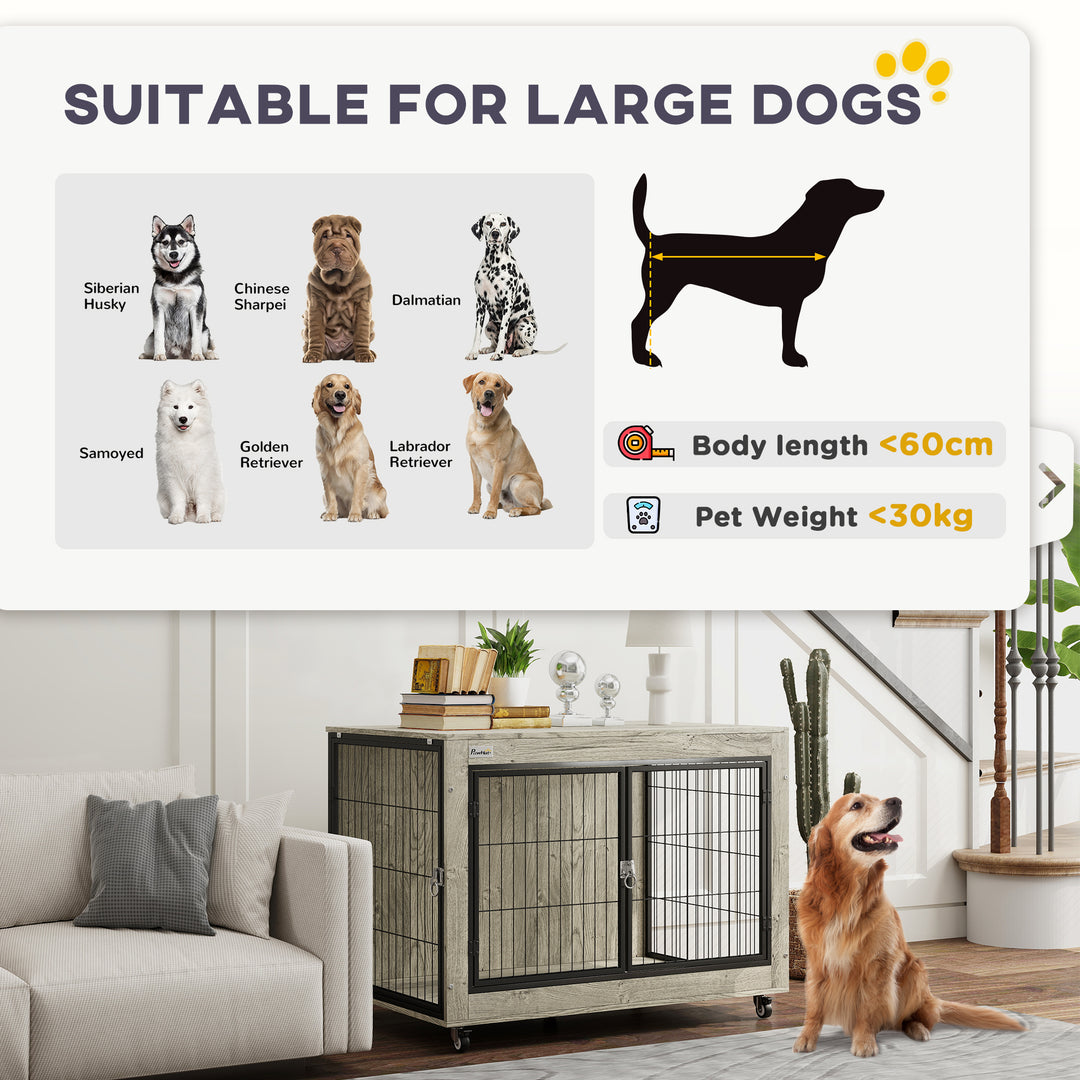 Dog Crate Furniture with Wheels, Double Doors, for Large Dogs, Grey