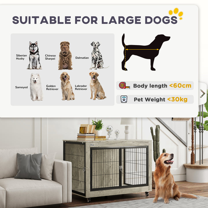Dog Crate Furniture with Wheels, Double Doors, for Large Dogs, Grey
