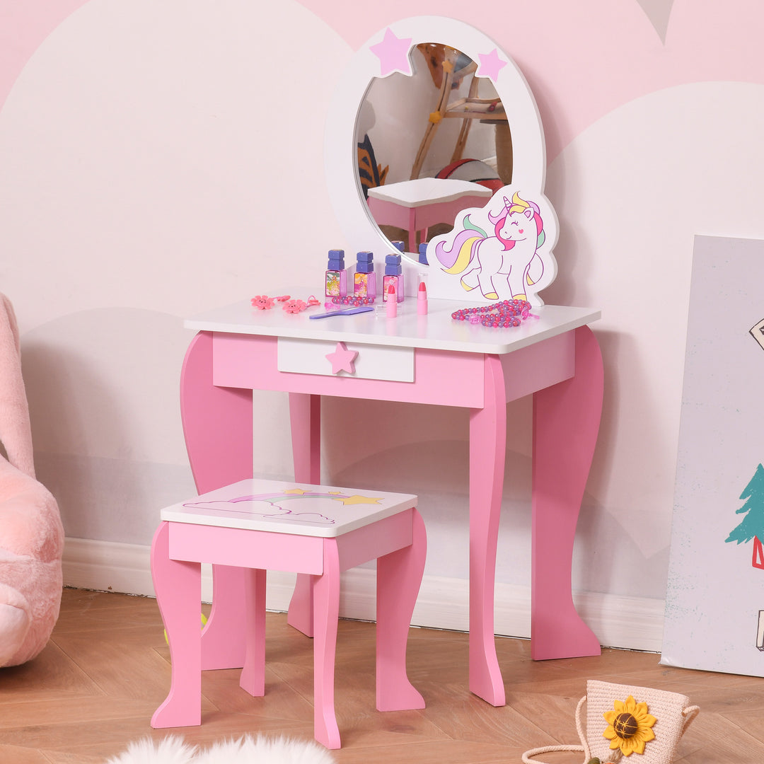 HOMCOM Kids Dressing Table, Girls Dressing Table w/ Mirror & Stool, Unicorn  Play Toy for Age 3-6 Years, Acrylic Mirror, Pink & White | Aosom UK