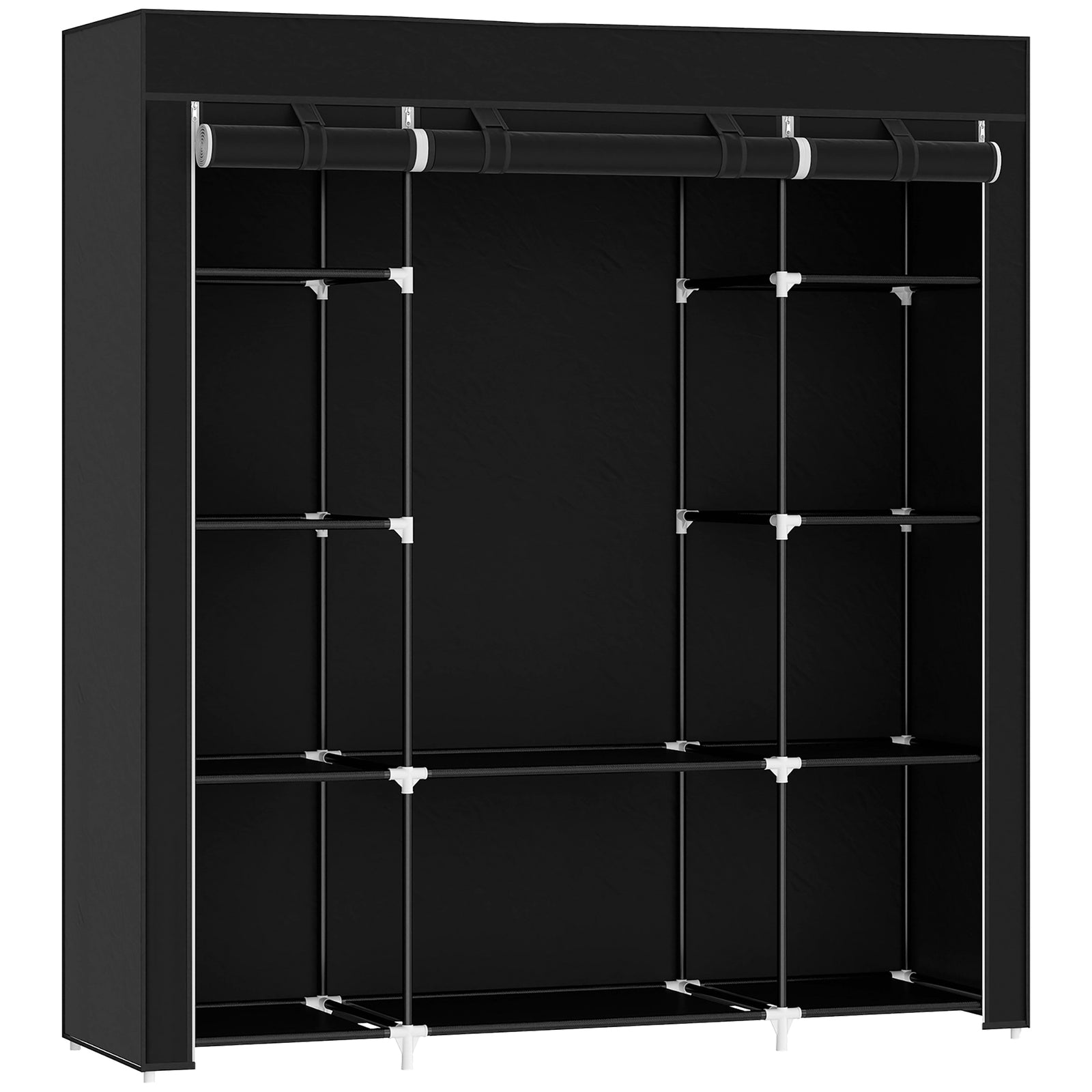 Portable Wardrobe, Foldable Fabric Wardrobe, 150 x 43 x 162.5cm, Clothes Storage Organiser with Hanging Rail, Shelves, Fabric Cover for Bedroom, Black