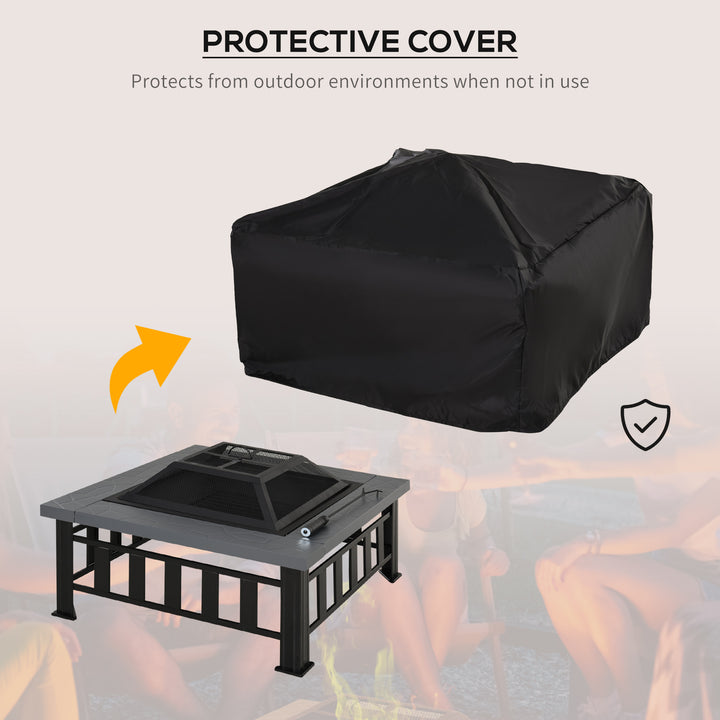 MCL Metal Large Firepit Outdoor Square Fire Pit Brazier with Rain Cover, Lid, Log Grate, Poker for Backyard, Camping, BBQ, Bonfire, Wood Burning Stove, 86 x 86 x 54cm, Black