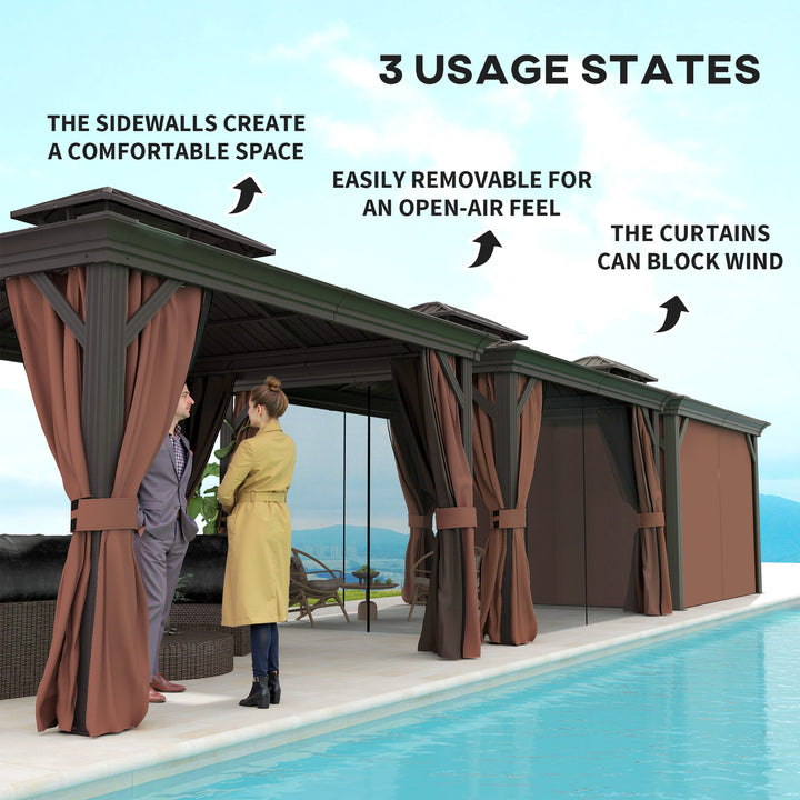 3 x 3.7m Outdoor Hardtop Gazebo Canopy Aluminium Frame with 2-Tier Roof & Mesh Netting Sidewalls for Patio, Dark Brown