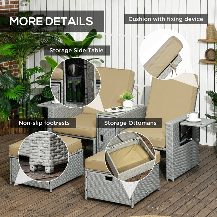 5PC PE Rattan Sun Lounger, Outdoor Wicker 5-level Adjustable Recliner Sofa Bed with Storage Side Table and Footstools, for Patio, Garden, Poolside, Beige