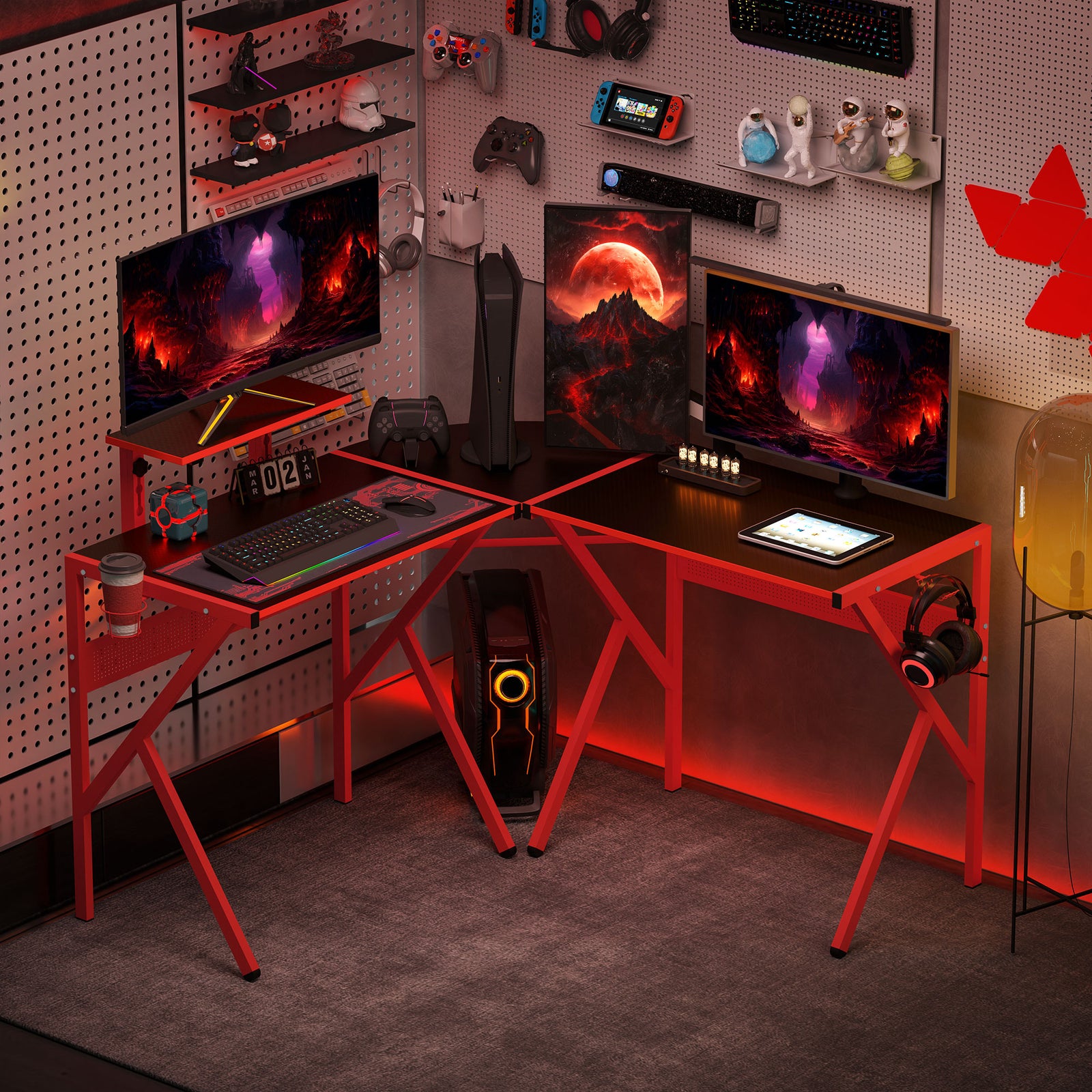 Gaming Desk L-Shaped Corner Computer Table for Home Office PC Workstations with Adjustable Monitor Stand Cup Holder Headphone Hook 125x125x75cm, Red