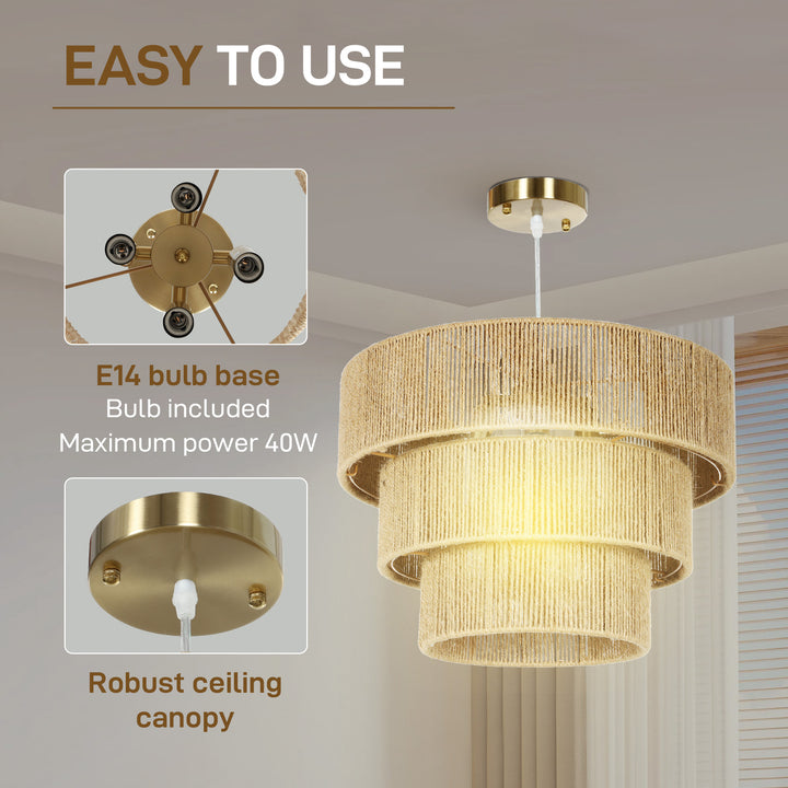 Hemp Rope Ceiling Light, 3-Layer Boho Pendant Light, E14 Vintage Ceiling Lamp Fixtures for Living Room, Bedroom, Kitchen, Hallway, Light Brown