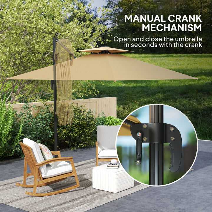 2.5m Cantilever Parasol with Solar Powered LED Lights, 360° Rotation, Tilt Adjustment, Crank Handle, Khaki