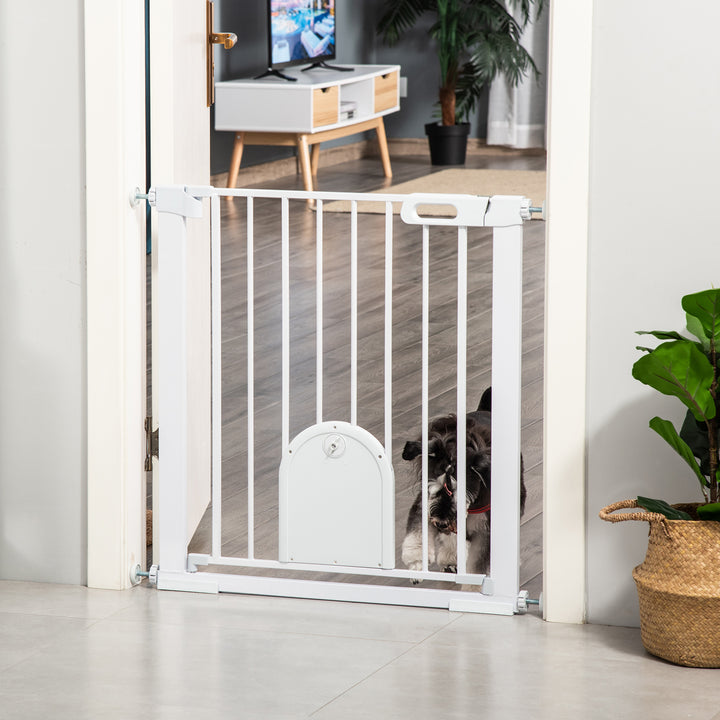 Dog Gate with Cat Flap Pet Safety Gate Barrier, Stair Pressure Fit, Auto Close, Double Locking, for Doorways, Hallways, 75-103 cm White