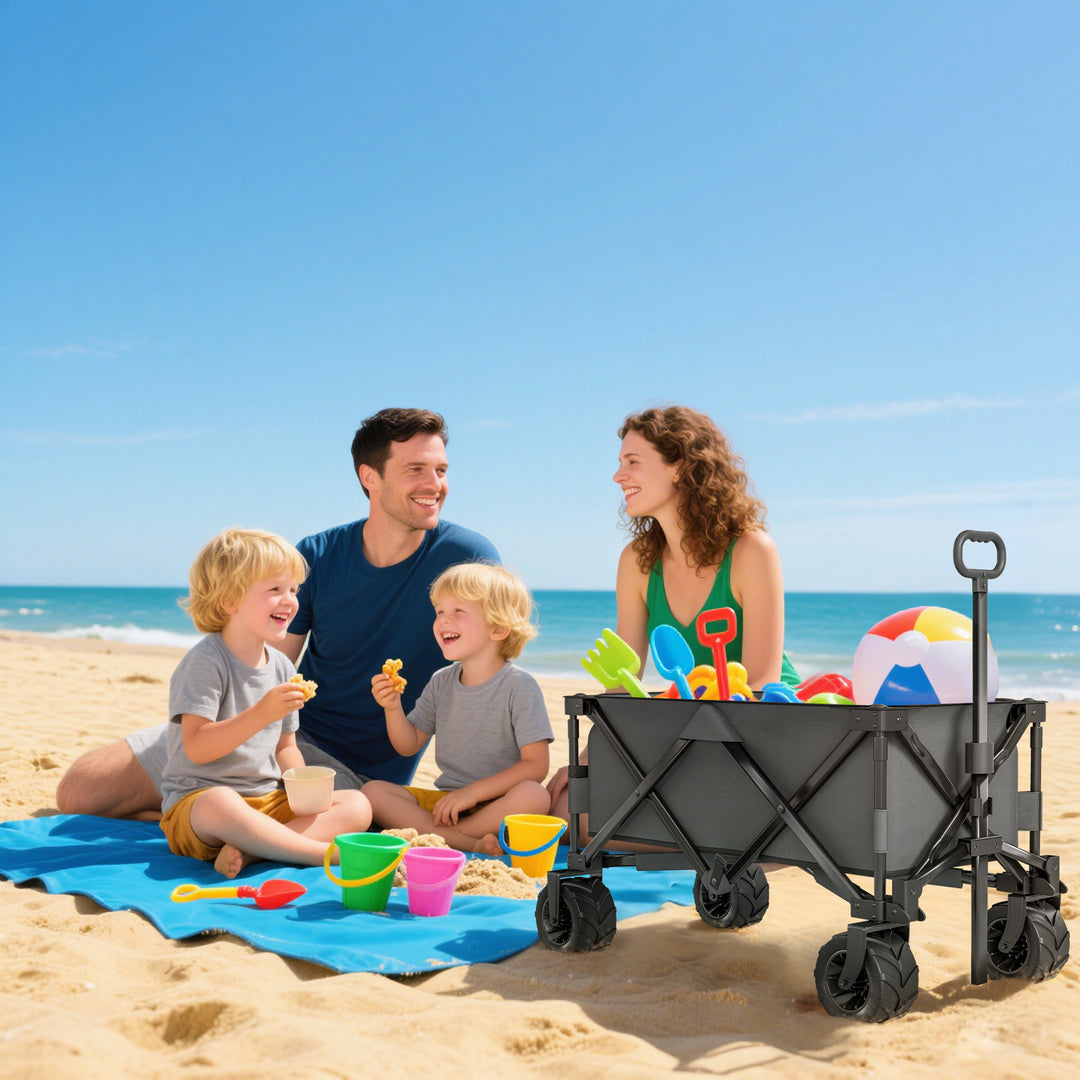 Outdoor Pull Along Cart Folding Cargo Wagon Trailer Trolley for Beach Garden with Handle, Anti-Slip Wheel - Dark Grey