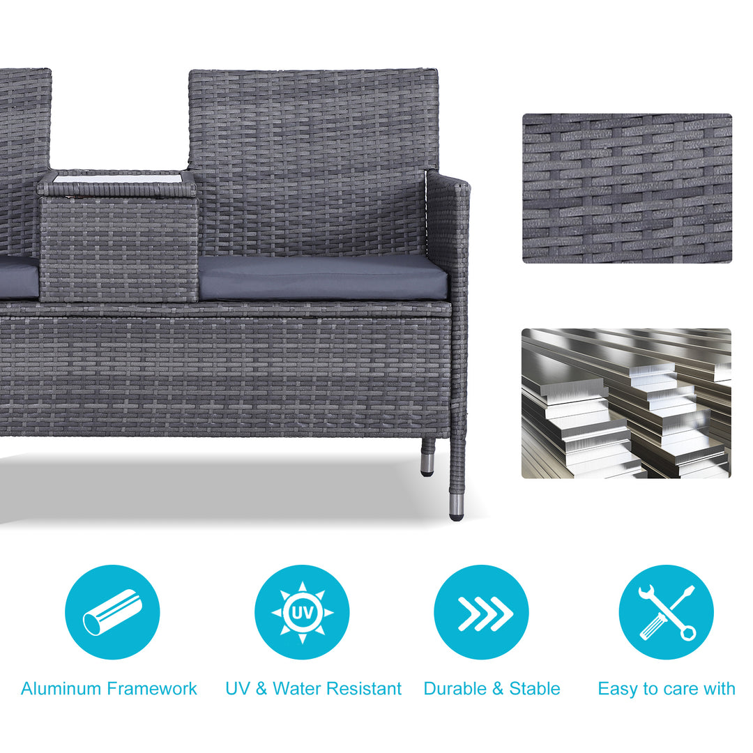 2-Seater PE Rattan Outdoor Garden Bench w/ Centre Table Grey