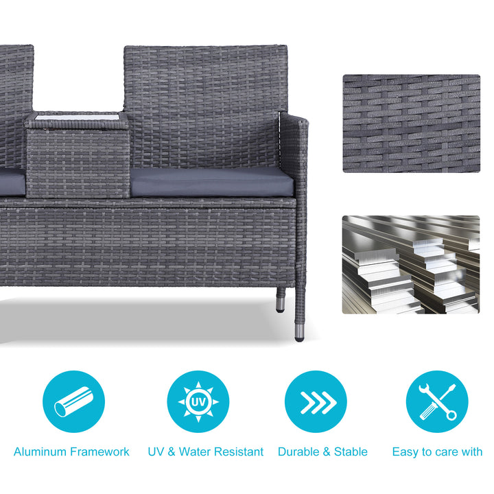 2-Seater PE Rattan Outdoor Garden Bench w/ Centre Table Grey