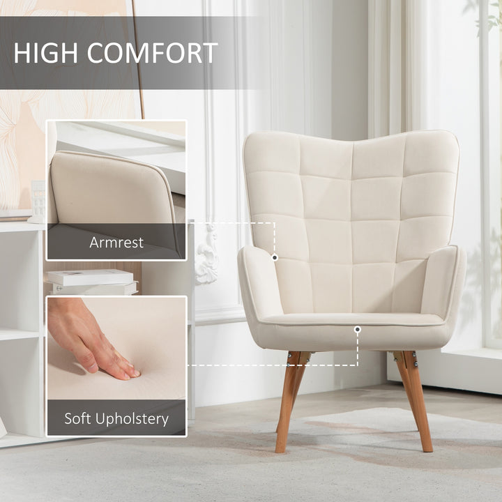 HOMCOM Modern Accent Chair, Upholstered Tufted Wingback Armchair with Seat Padding, Velvet Leisure Lounge Bedroom Chair with Wood Legs, Cream White